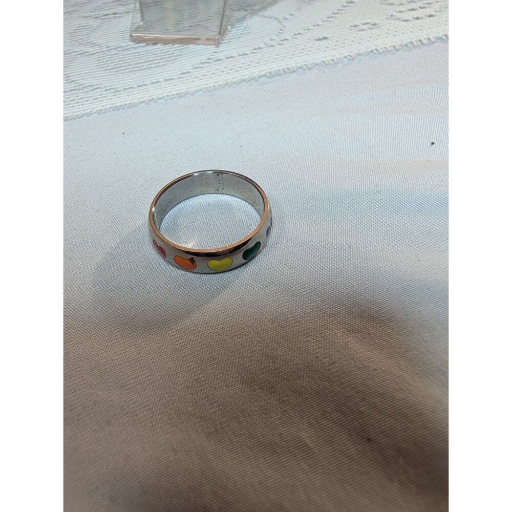 Silver Stainless Steel Rainbow Heart Ring Size 11 Cute Everyday Band - Picture 5 of 8
